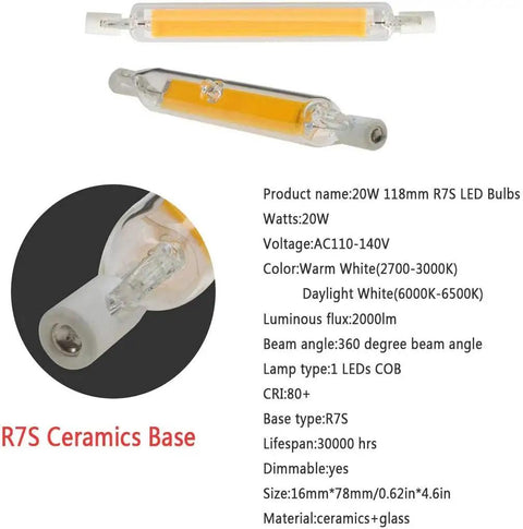 20W R7S LED Bulbs 118mm 3000 Lumens Dimmable Cool Daylight 6000K J Type CRI Over 90 Flood Light Bulbs 360 Degree Beam Angle