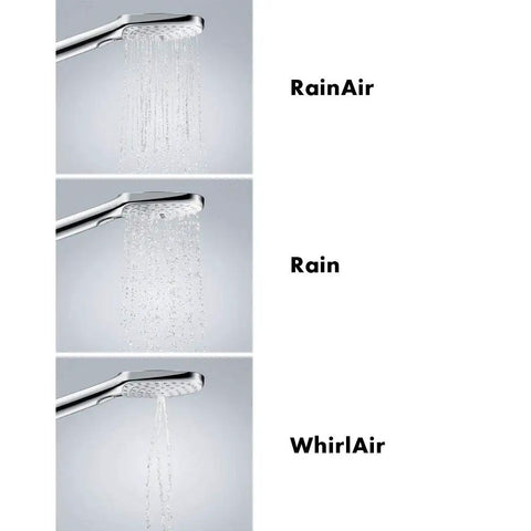 Raindance Select 120 Handheld Showerhead With 3 Spray Modes And 2.5 GPM Water Flow Chrome Finish spraying RainAir, Rain, and WhirlAir