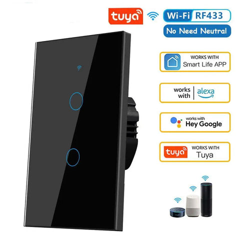 2 Gang Glass Panel WiFi Smart Light Switch With Touch Control, Alexa and Google Home compatible, showing touch interface