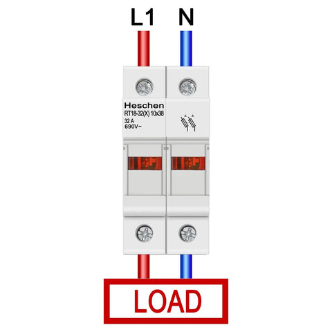 Built Different RT18 32A Cylindrical Fuse Holder Base For 10X38Mm Cartridge Fuses Quick Din Rail Mount gray unit with wires.