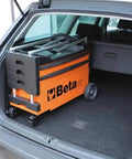Collapsible Rolling Tool Cart With Locking Drawers in car trunk, heavy duty metal trolley, orange with four inch steering wheels