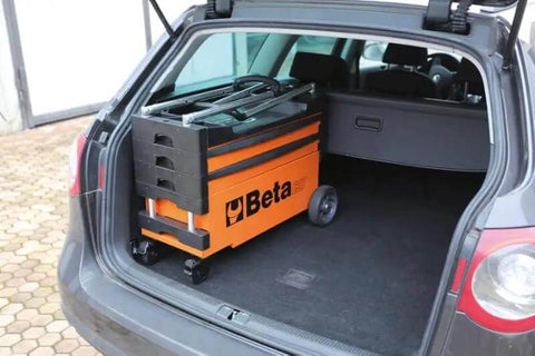 Collapsible Rolling Tool Cart With Locking Drawers in car trunk, heavy duty metal trolley, orange with four inch steering wheels