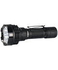 The Defender P18 Tactical Flashlight with Dual Tail Switch, showcasing its rugged design and rechargeable feature.