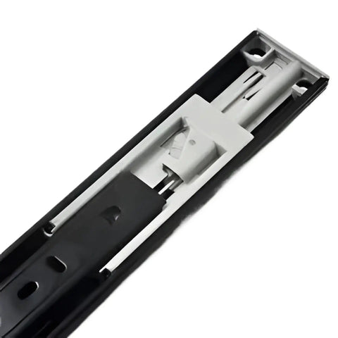 Heavy Duty 3 Stage Soft Close Drawer Slides For Rock Solid Cabinet Builds Featuring Smooth As Silk Ball Bearing Glide. Close-up view of slide mechanism.