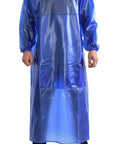 Man wearing Tough As Nails Heavy Duty Chemical Resistant Apron With Sleeves For Oil And Acid, Waterproof PVC, Royal Blue, Size S M.