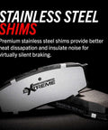 Front brake pad with stainless steel shims, XTREME branding, silver pad with dark backing.