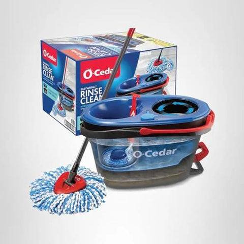 RinseClean Spin Mop And Bucket System For Clean Water Mopping Lets You Clean With Clean Water From Start To Finish Removes 99 Percent Of Bacteria With Just Water Built In Foot Pedal For Hands Free Wringer And Easy Rinse in front of packaging box