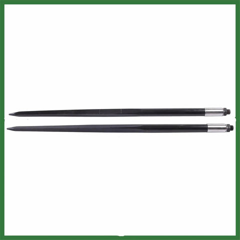 Beefy Heavy Duty Two Pack 49 Inch Hay Bale Forks For Tractor Loaders With 4500 Pound Capacity showing side view, heavy steel material.