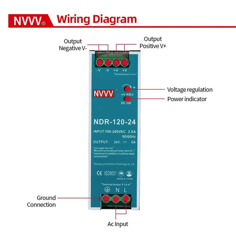Wiring diagram for 24V DC 5A DIN Rail Power Supply 120W with 100-240VAC Input, showing connections and voltage regulation.