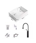 USZWBY Vessel Sinks Nordic Ceramic Table Basin Side Corner Drainage Washing Machine Balcony Home Washbasin Pool with Washboard Bathroom Bowl Sink shown with dimensions and accessories.