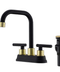 Two Handle Brushed Gold And Black Bathroom Faucet With Pop Up Drain 4 Inch Centerset 3 Hole Sink Faucet 360 Swivel Spout Includes Two Water Supply Lines Solid Brass Construction Durable Dope Finish And Easy Install For Daily Use