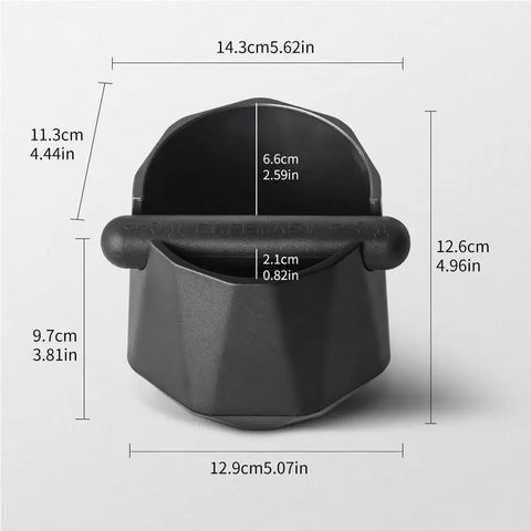 Front view of Diamond Shape Mini Espresso Knock Box with dimensions, highlighting compact size for home use.