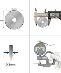 45mm Rotary Cutter Blades 10 Pack Compatible With Olfa And Fiskars shows blade measurements with caliper and thickness gauge.