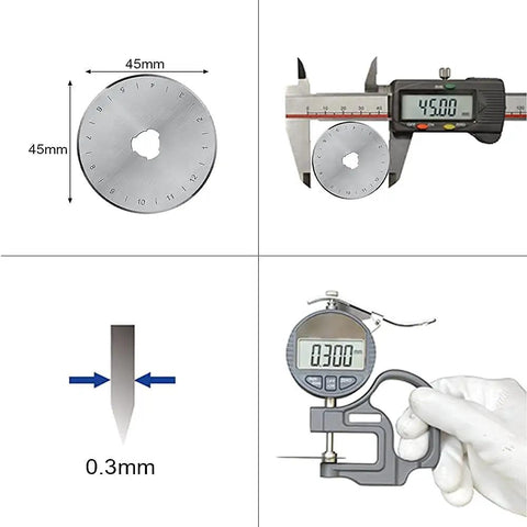 45mm Rotary Cutter Blades 10 Pack Compatible With Olfa And Fiskars shows blade measurements with caliper and thickness gauge.