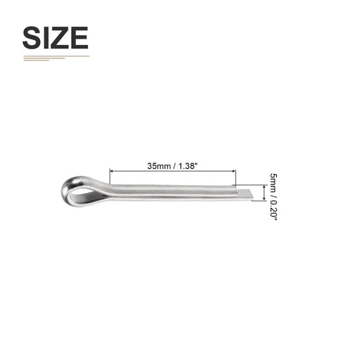 5mm X 35mm Cotter Pins Pack For Machinery, 304 Stainless Steel Hairpin Fasteners, side view with size details.