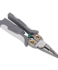 8 In 1 Heavy Duty Wire Stripper Pliers With Integrated Voltage Tester For Electricians Crimping Cutting Twisting And Short Circuit Testing, gray handles, steel jaws.