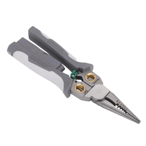 8 In 1 Heavy Duty Wire Stripper Pliers With Integrated Voltage Tester For Electricians Crimping Cutting Twisting And Short Circuit Testing, gray handles, steel jaws.