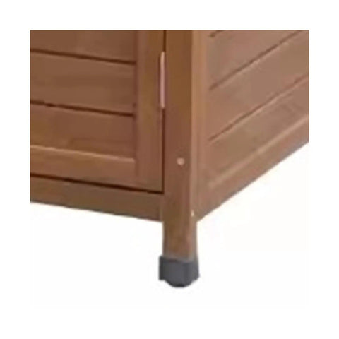 Corner view of massive outdoor storage cabinet crafted from top shelf natural cedar for yard gear and hand tools weather resistant structure.