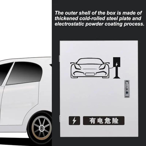 Universal EV Charger Station Cover With Drip Proof Weather Guard And No Fuss Cable Cleanup Plus Heavy Duty Combo Lock For Secure Underground Parking Lot Storage, steel shell box with charging icon.