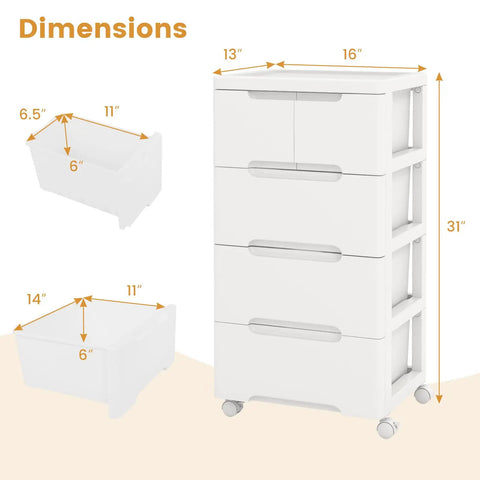 Dimensions of Five Drawer Rolling Storage Cart On Wheels White Plastic Organizer For Home Office And Living Room