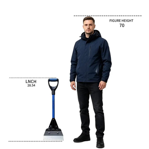 Legit Heavy Duty Two In One Roof Shingle Removal Shovel With Built In Nail Puller Comb and Short D Handle next to a person for scale.