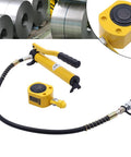 Yellow 20T manual hydraulic pump with hose and compact low-profile multi-section hydraulic jack for automotive use.
