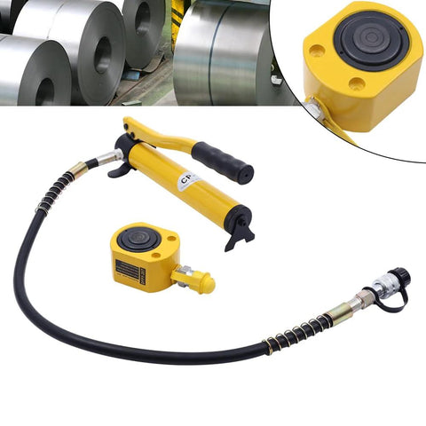 Yellow 20T manual hydraulic pump with hose and compact low-profile multi-section hydraulic jack for automotive use.