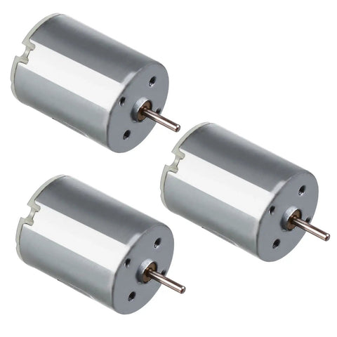 Five Pack DC Motors 3V To 12V Mini Electric Motors For RC Boats And DIY Builds Built For Your Model Toys And Science Experiments With 13500 RPM 0.38A 24mm Body Motors, showing three motors with metal casing.