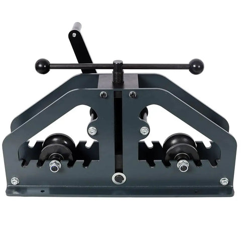 Heavy Duty Manual Tube Roller Bender with hand crank and rollers for 1-1/2 inch tubing, ideal for metalworking tasks.