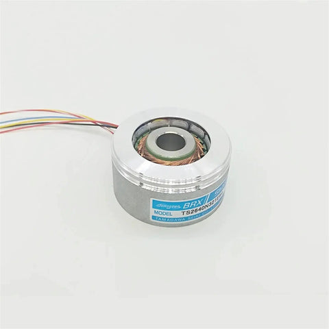 Rotary Resolver Built In Split Type TS2640N321E64 For Industrial Automation High Precision Angle Sensor With Durable Construction Easy Mount Rugged Wide Voltage Range Fast Signal Output Pro Grade For Robotics And Machinery Controls, silver housing with wires