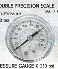 Close-up of pressure gauge showing 0-230 psi, part of Shop-Ready Pro Grade One-Half Inch NPT Air Compressor Filter Separator With Gauge