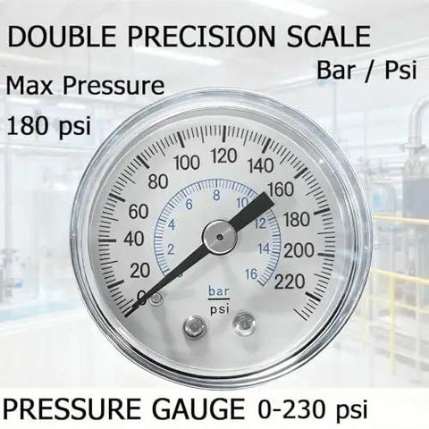 Close-up of pressure gauge showing 0-230 psi, part of Shop-Ready Pro Grade One-Half Inch NPT Air Compressor Filter Separator With Gauge