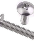 Kickbutt Solid Stainless Steel Self Tapping Screws With Phillips Cross Recessed Mushroom Truss Heads In Precision M2 And M2.5 Sizes Fifty Count Bundles showing two screws with truss heads.