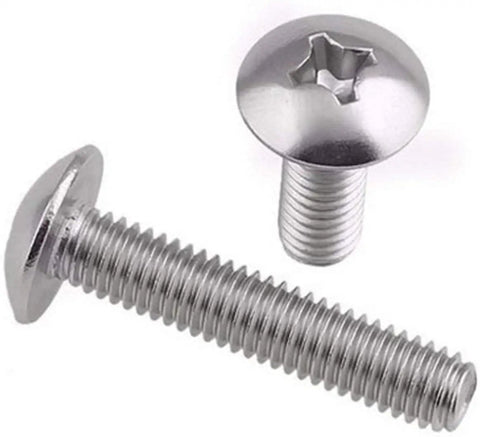 Kickbutt Solid Stainless Steel Self Tapping Screws With Phillips Cross Recessed Mushroom Truss Heads In Precision M2 And M2.5 Sizes Fifty Count Bundles showing two screws with truss heads.