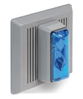 Professional Rugged Kickin Blue Warning Strobe And Horn Signal Unit Compatible With 24 Volt AC DC Systems For Home Or Office Safety Featuring A Compact Five Half Inch Profile And Straight Made In Usa Build Quality, side view.