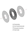 Exploded view of Beefy Heavy Duty Thrust Needle Roller Bearings With Washers Set 12mm Bore 26mm Outer Diameter 2mm Thick in chrome steel.