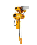 Kickass Mini Chain Electric Hoist Featuring Anti Collision Alloy Guard And Quenched Manganese Hooks For Hella Smooth Heavy Lifting on a steel beam.