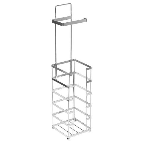 Go To Vertical Free Standing Chrome Toilet Paper Holder Dispenser With Four Roll Capacity and easy access top hook, 24 inch tall.