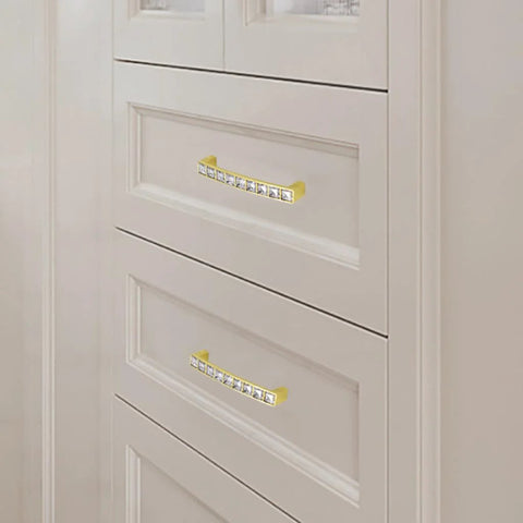 Gold U Shape Crystal Glass Cabinet Knobs Set, 10 Pack Sparkling Drawer Pulls installed on white cupboard