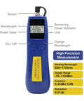 Front view of Fiber Optic Power Meter And Light Meter For Tech Pros Minus 70 To Plus 10 dBm with display and labeled features
