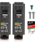 Duo Pack 20 Amp Single Pole 120V Circuit Breakers For Homeline Load Centers And Panel Boxes 10kAIC UL Listed Plug On Replacement Kit OEM Quality Durable Thermal Magnetic Protection, two breakers and screws