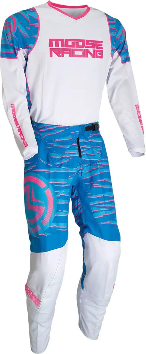 Moose Racing motocross gear, long sleeve shirt and pants in blue and white, designed for athletic performance.