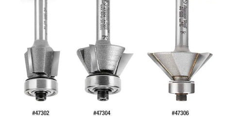 Three Pro Grade Carbide Tipped Chamfer Router Bit With Ball Bearing, 3 Flutes, 45 Degree Bevel, 15/16 Inch Diameter, flush trim style