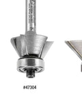 Three carbide tipped chamfer router bits with ball bearing, pro-grade woodworking tool for precise chamfers and smooth edges.