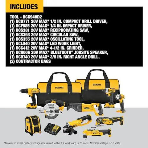 20V Max Cordless Tool Combo Kit With Drill Driver, Impact Driver, and more tools displayed with bags and charger