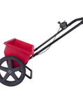 Red 75Lb Drop Spreader for Lawn Care With 22 Inch Coverage, adjustable flow, side view with large wheels and metal handle.