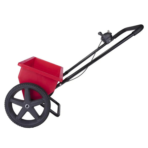 Red 75Lb Drop Spreader for Lawn Care With 22 Inch Coverage, adjustable flow, side view with large wheels and metal handle.