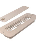 RV Floor Vent Cover 2x10 Inch with Removable Magnetic Lid in beige aluminum, showing vent and lid separately.