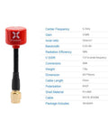 Image of a 2 Pack Lollipop 4 FPV Antennas 5.8GHz RHCP With 2.5dBi SMA for FPV Racing Drones and Fat Shark Goggles, red, next to specs chart.
