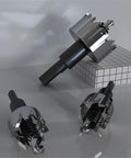 HSS Hole Saw Drill Bit Set For Stainless Steel And Wood, 15 To 50 Mm Range with three carbide hole saws on reflective surface.